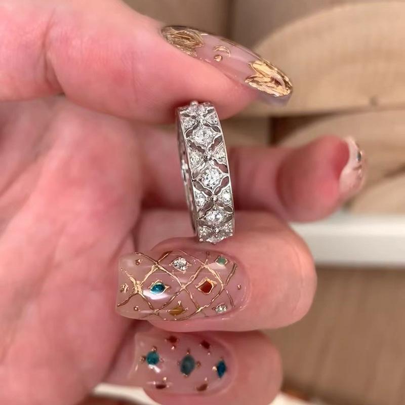 Italian ~ Ancient Style Lace Rhombus Ring Female Plated 18K Niche Exquisite Hollow Index Finger Ring Full Diamond Ring