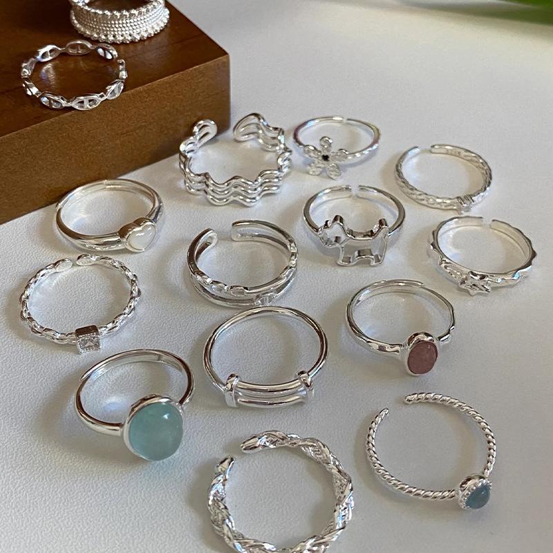 Moonstone Irregular Sterling Silver Ins All-Match Ring Female Niche Design Non-Fading Combination Ring Simple Plain Ring