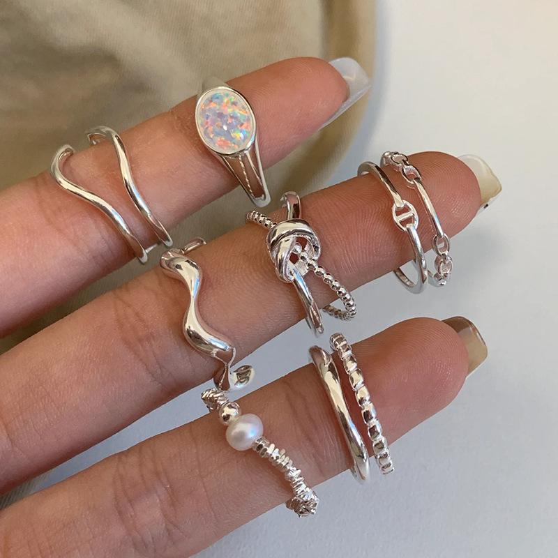 Moonstone Irregular Sterling Silver Ins All-Match Ring Female Niche Design Non-Fading Combination Ring Simple Plain Ring