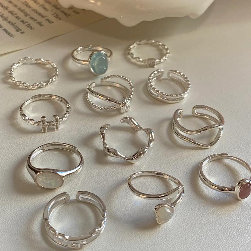 Moonstone Irregular Sterling Silver Ins All-Match Ring Female Niche Design Non-Fading Combination Ring Simple Plain Ring