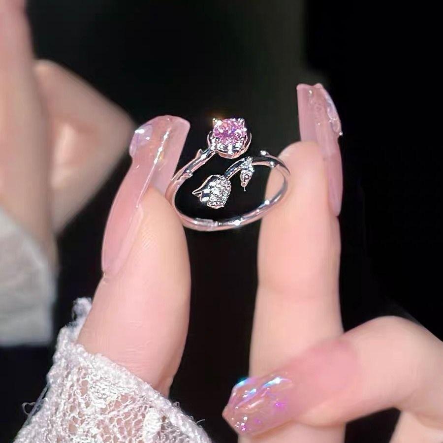Pink Diamond Rose Ring Female Mori Light Luxury Super Fairy Girl Flower Opening Adjustable Ring Autumn and Winter New