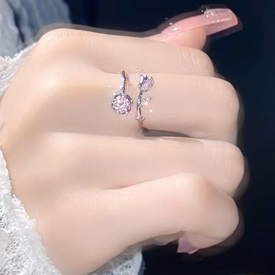 Pink Diamond Rose Ring Female Mori Light Luxury Super Fairy Girl Flower Opening Adjustable Ring Autumn and Winter New