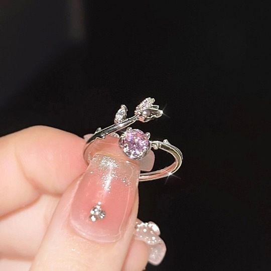 Pink Diamond Rose Ring Female Mori Light Luxury Super Fairy Girl Flower Opening Adjustable Ring Autumn and Winter New
