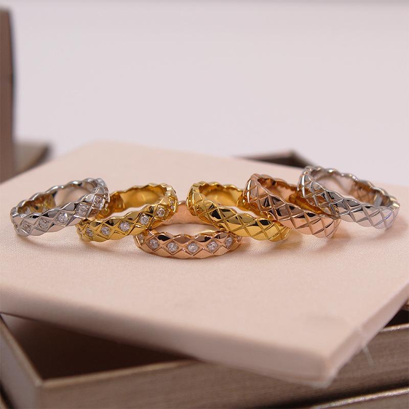 Classic Chanel Style Diamond Plaid Ring Wide and Narrow Diamond-Embedded Glossy Ins Cold Style Fashion Personality Couple Ring