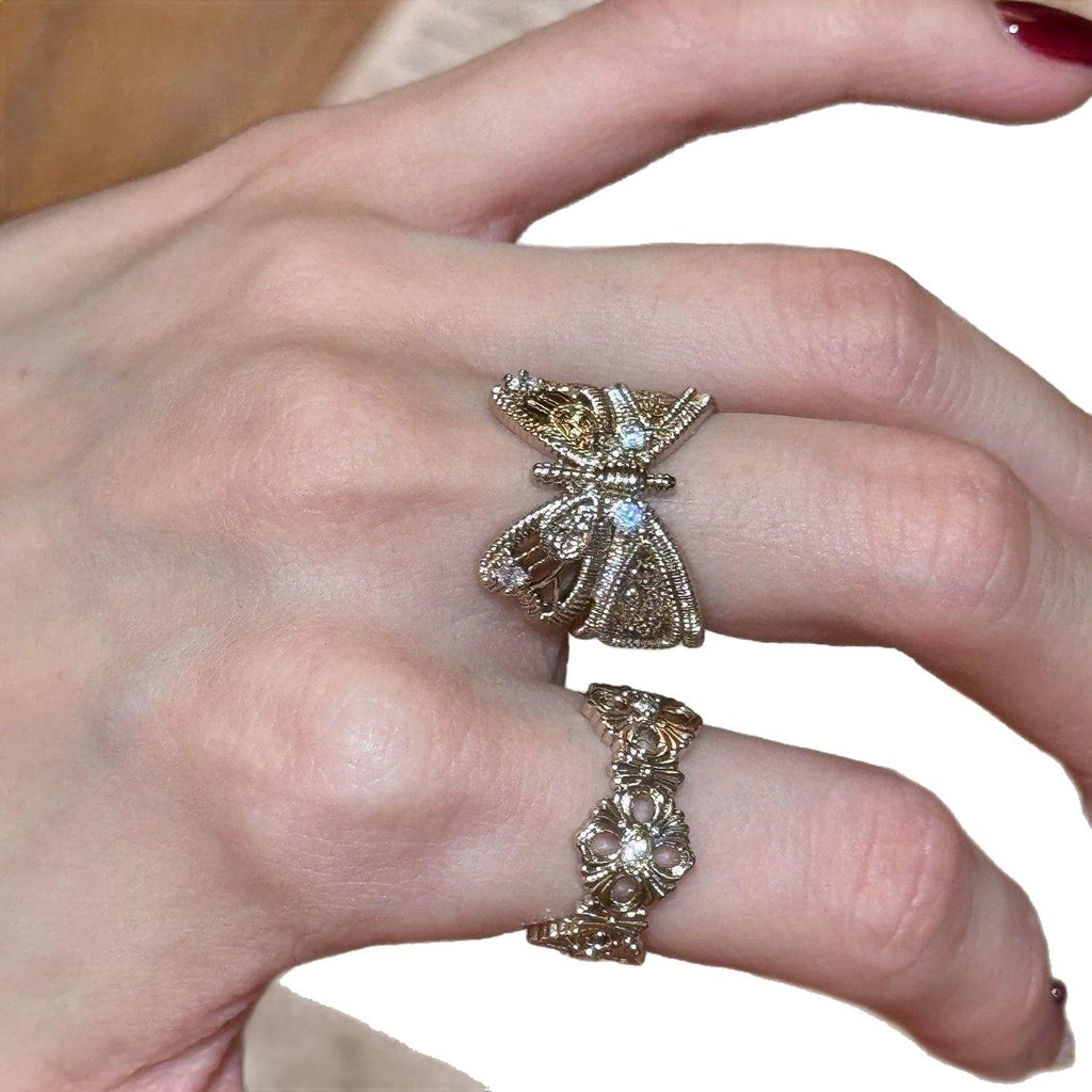 Vintage Retro Light Luxury Butterfly Open Ring Female Niche Design Stacked Iris Hollow Ring High Sense