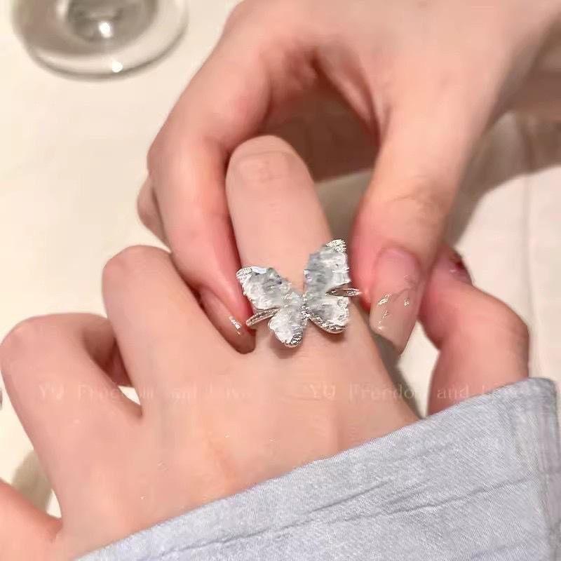 Summer Ice Blue Butterfly Open Ring Female Niche Design Light Luxury High-Grade Index Finger Ring Popular