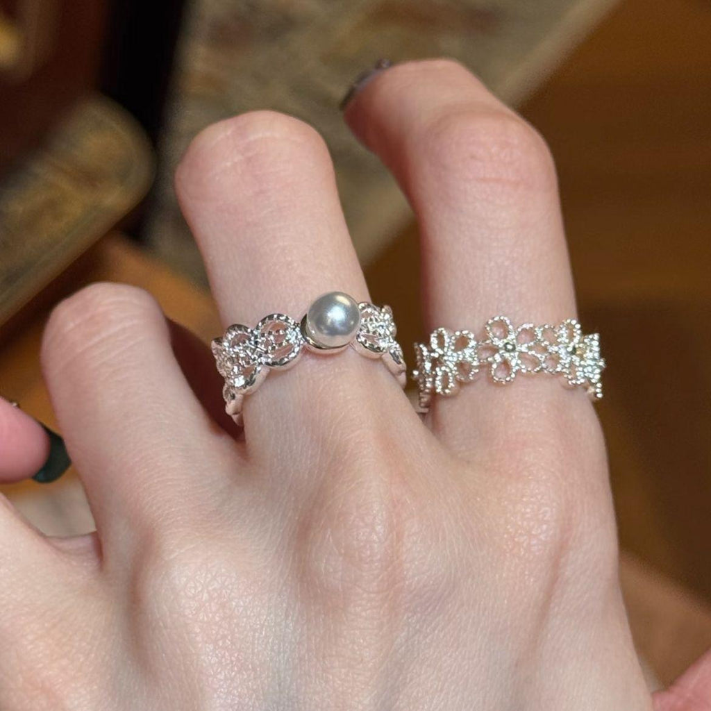 Huayang Lace ~ French Hollow Pearl Ring Female Ins Style Simple All-Match Index Finger Ring Niche High Sense Ring