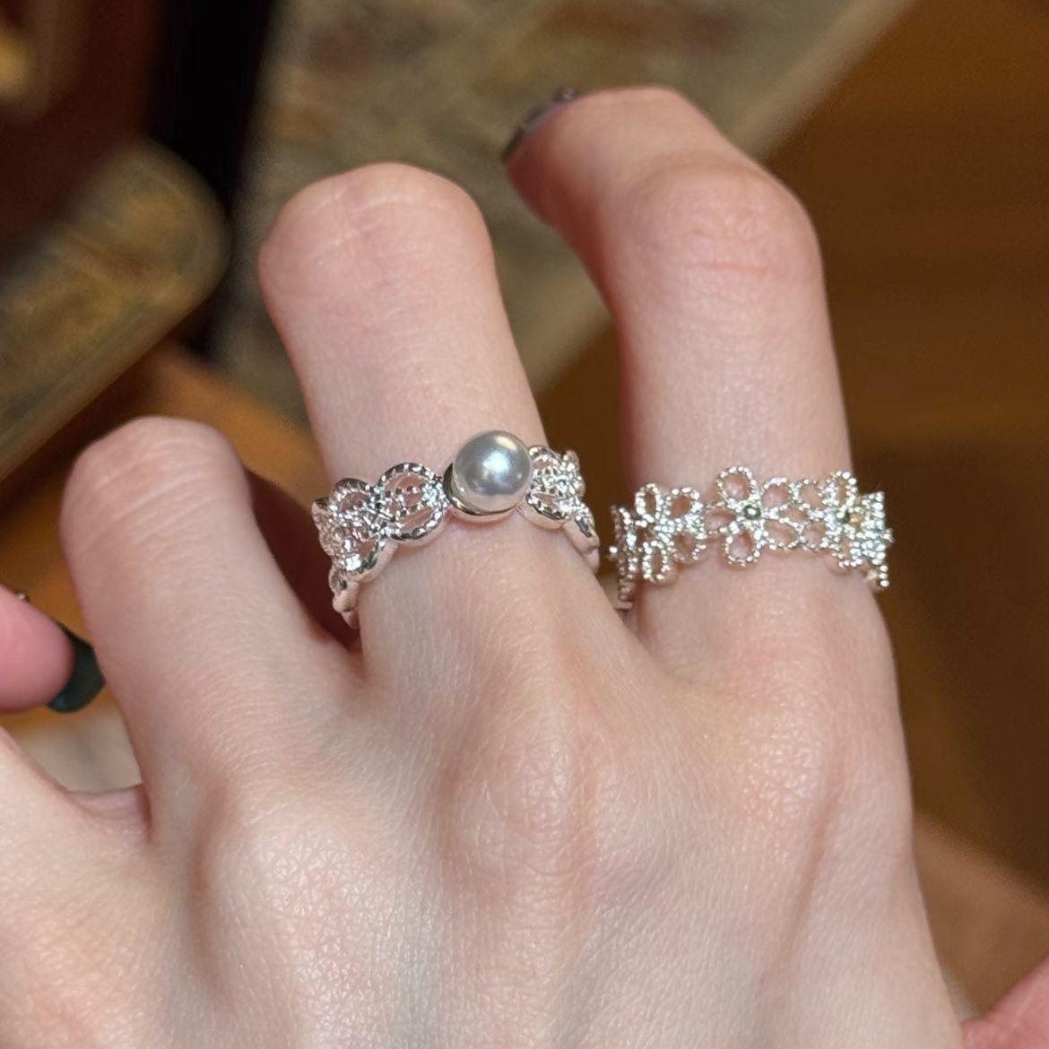 Huayang Lace ~ French Hollow Pearl Ring Female Ins Style Simple All-Match Index Finger Ring Niche High Sense Ring