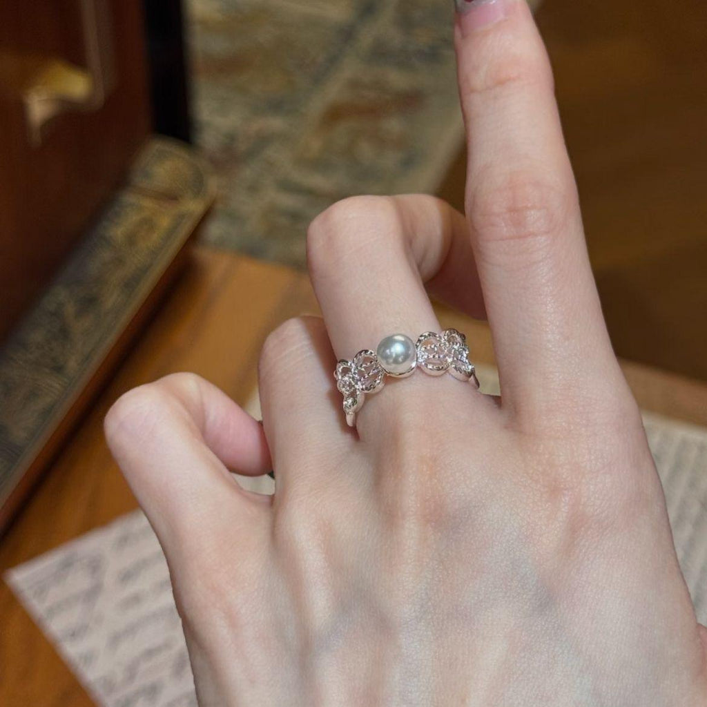 Huayang Lace ~ French Hollow Pearl Ring Female Ins Style Simple All-Match Index Finger Ring Niche High Sense Ring