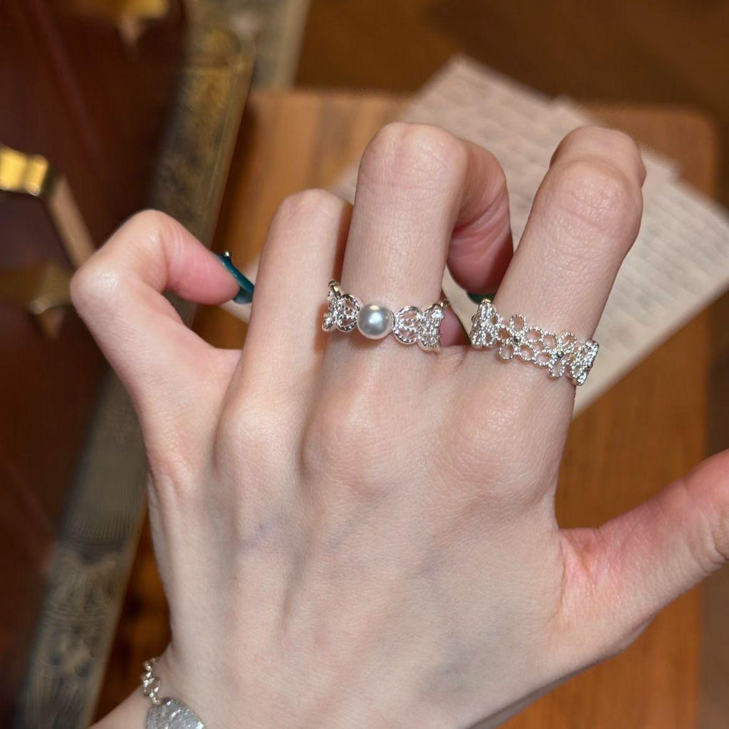 Huayang Lace ~ French Hollow Pearl Ring Female Ins Style Simple All-Match Index Finger Ring Niche High Sense Ring