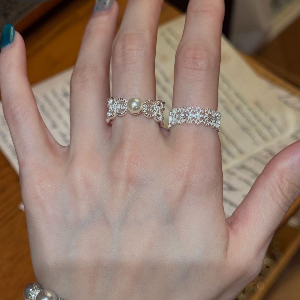Huayang Lace ~ French Hollow Pearl Ring Female Ins Style Simple All-Match Index Finger Ring Niche High Sense Ring