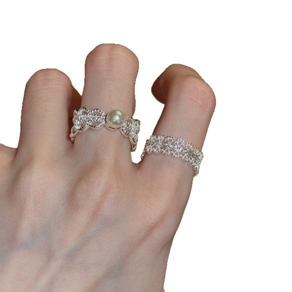 Huayang Lace ~ French Hollow Pearl Ring Female Ins Style Simple All-Match Index Finger Ring Niche High Sense Ring