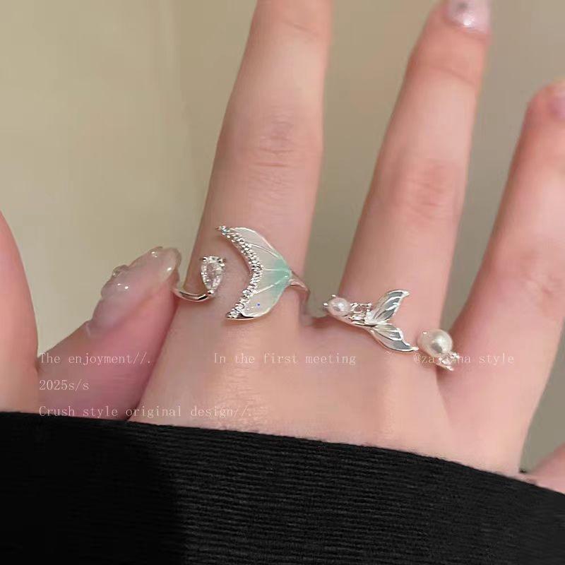 Gradient Fishtail Zircon Open Ring for Girls Fashion Simple Design Index Finger Ring Niche Exquisite All-Match Ring