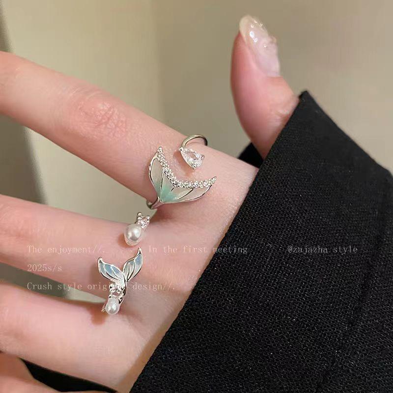 Gradient Fishtail Zircon Open Ring for Girls Fashion Simple Design Index Finger Ring Niche Exquisite All-Match Ring