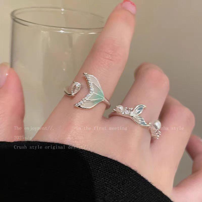 Gradient Fishtail Zircon Open Ring for Girls Fashion Simple Design Index Finger Ring Niche Exquisite All-Match Ring