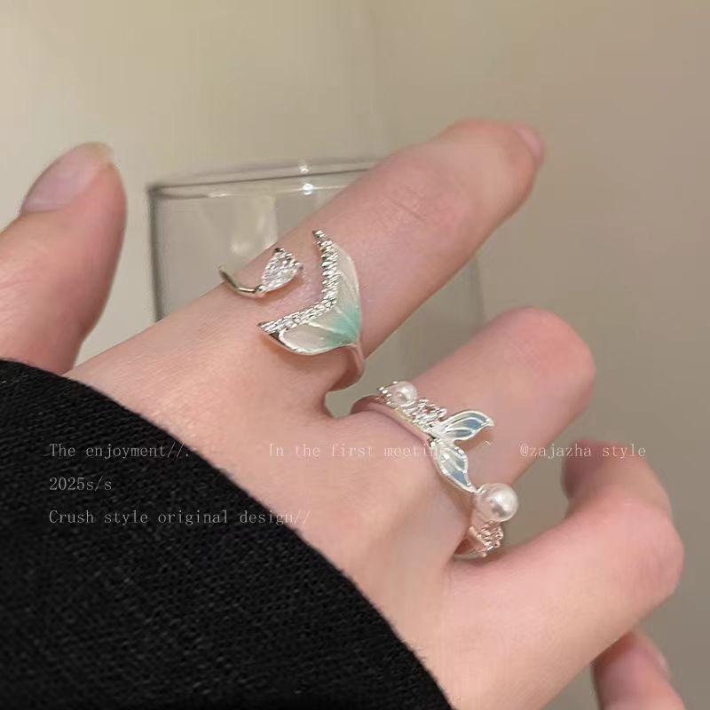 Gradient Fishtail Zircon Open Ring for Girls Fashion Simple Design Index Finger Ring Niche Exquisite All-Match Ring