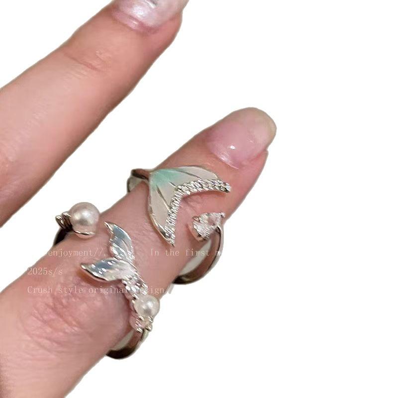 Gradient Fishtail Zircon Open Ring for Girls Fashion Simple Design Index Finger Ring Niche Exquisite All-Match Ring