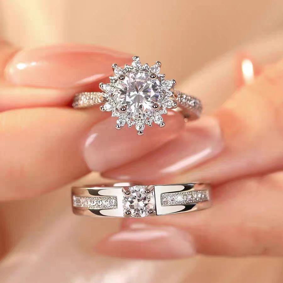 Wedding Open Mouth Ring Luxury Wedding Simulation Diamond Ring Men's and Women's Open Adjustable Proposal Couple Ring