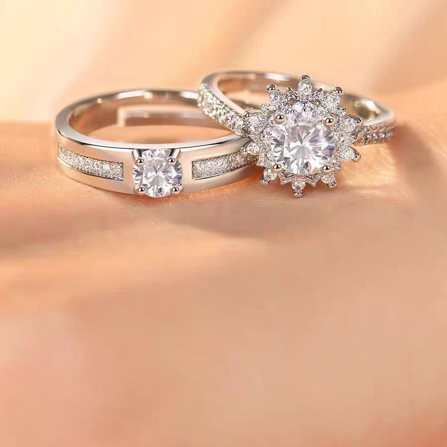 Wedding Open Mouth Ring Luxury Wedding Simulation Diamond Ring Men's and Women's Open Adjustable Proposal Couple Ring
