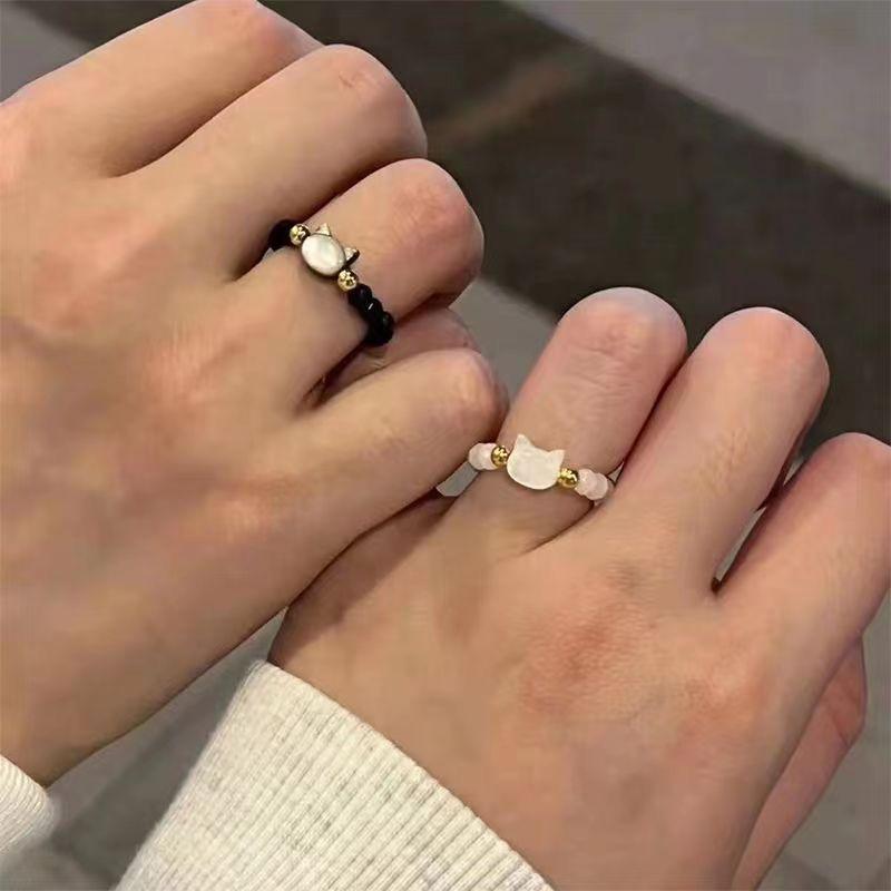 Escaped Princess Ring Cute Cat Beaded Ring Female Black and White Cat Head Index Finger Ring for Girlfriend