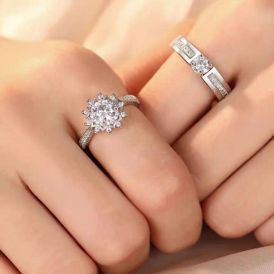 Wedding Open Mouth Ring Luxury Wedding Simulation Diamond Ring Men's and Women's Open Adjustable Proposal Couple Ring