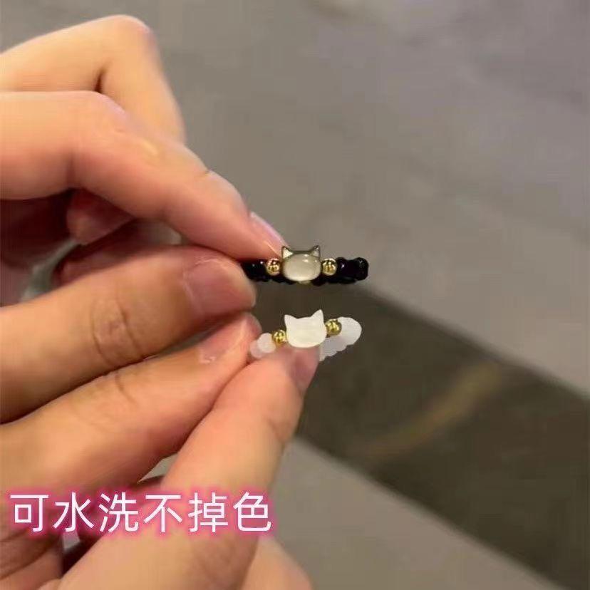 Escaped Princess Ring Cute Cat Beaded Ring Female Black and White Cat Head Index Finger Ring for Girlfriend
