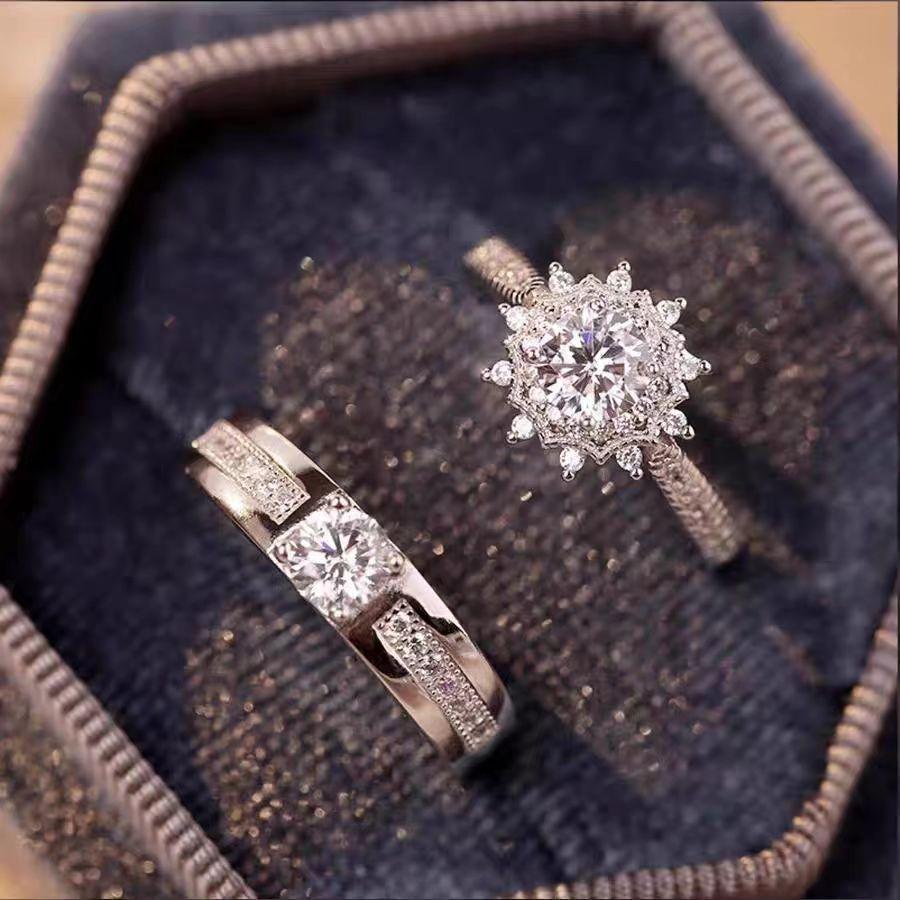Wedding Open Mouth Ring Luxury Wedding Simulation Diamond Ring Men's and Women's Open Adjustable Proposal Couple Ring