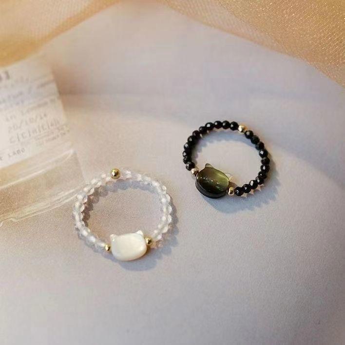 Escaped Princess Ring Cute Cat Beaded Ring Female Black and White Cat Head Index Finger Ring for Girlfriend