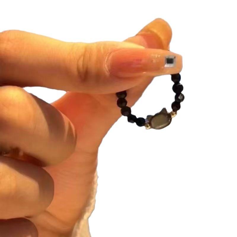 Escaped Princess Ring Cute Cat Beaded Ring Female Black and White Cat Head Index Finger Ring for Girlfriend