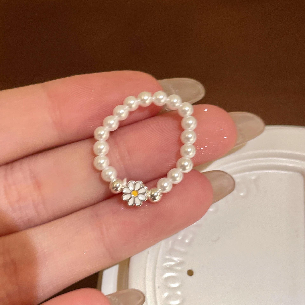 Daisy Pearl Ring Female Mori Simple Sweet Fresh Open Ring Niche Design Stacked Index Finger Ring
