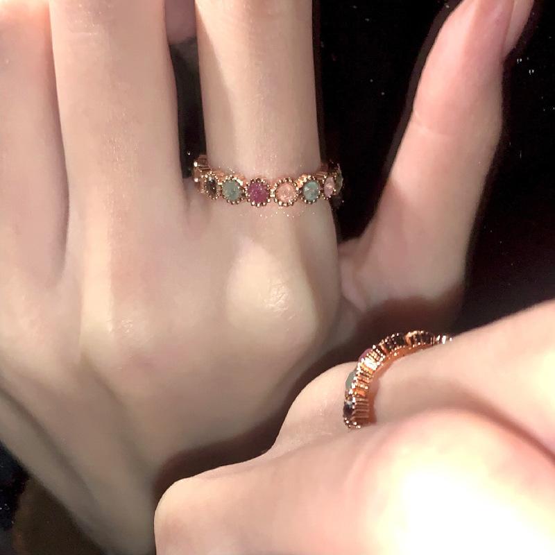 Rainbow Gem Ring Female Niche Design Open Adjustable Ring Sweet Cool Hot Girl Style Jewelry High-Grade Ring