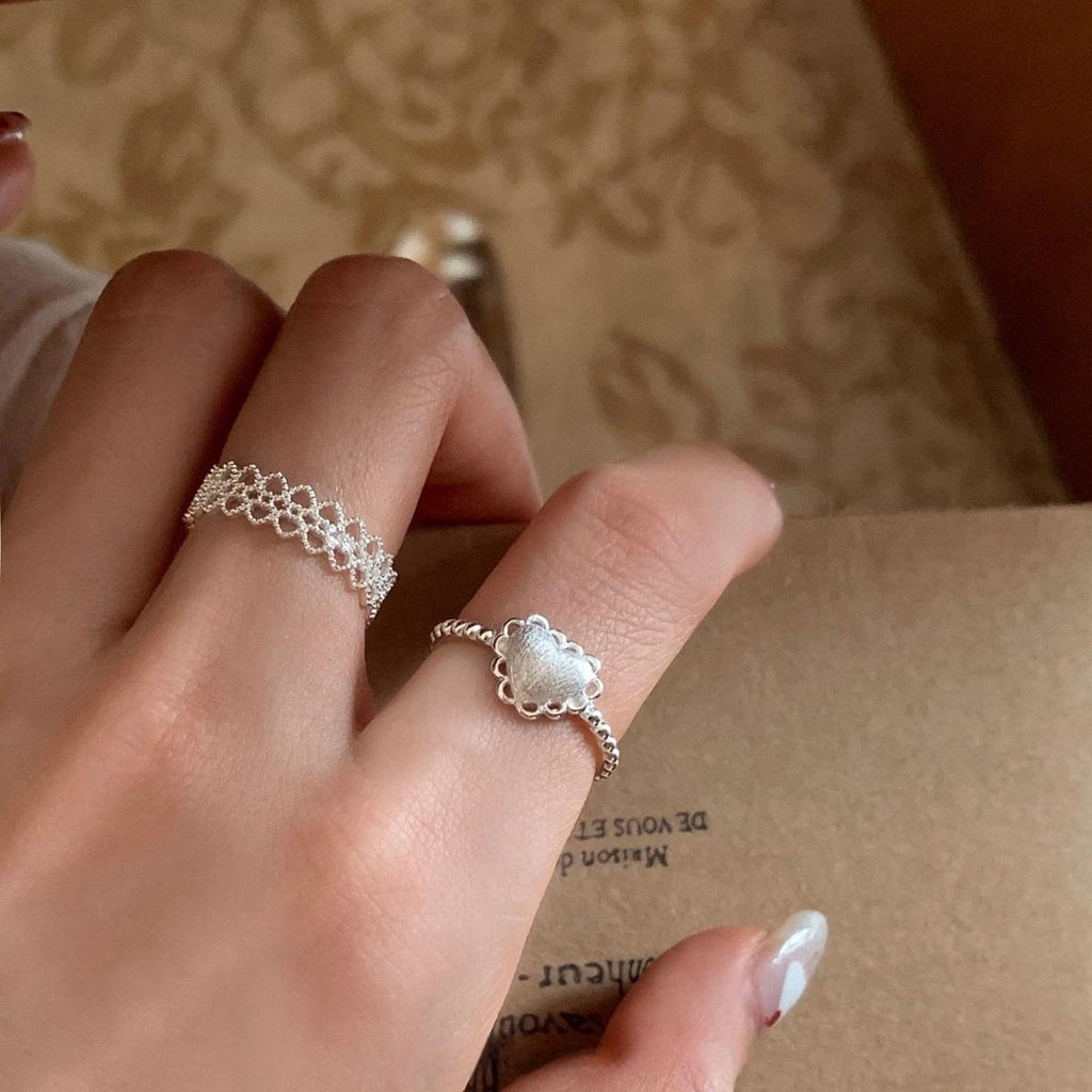 Lace Edge Pure Desire Heart Silver Ring Light Luxury Niche High-Grade Sense Index Finger Ring Temperament All-Match Adjustable Female