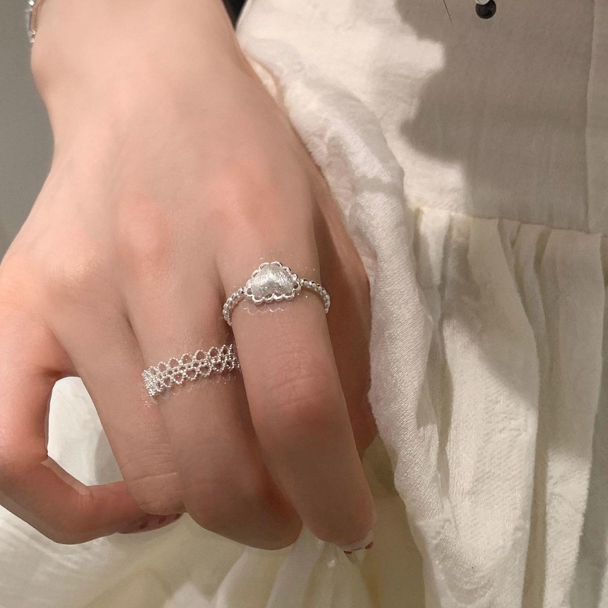 Lace Edge Pure Desire Heart Silver Ring Light Luxury Niche High-Grade Sense Index Finger Ring Temperament All-Match Adjustable Female