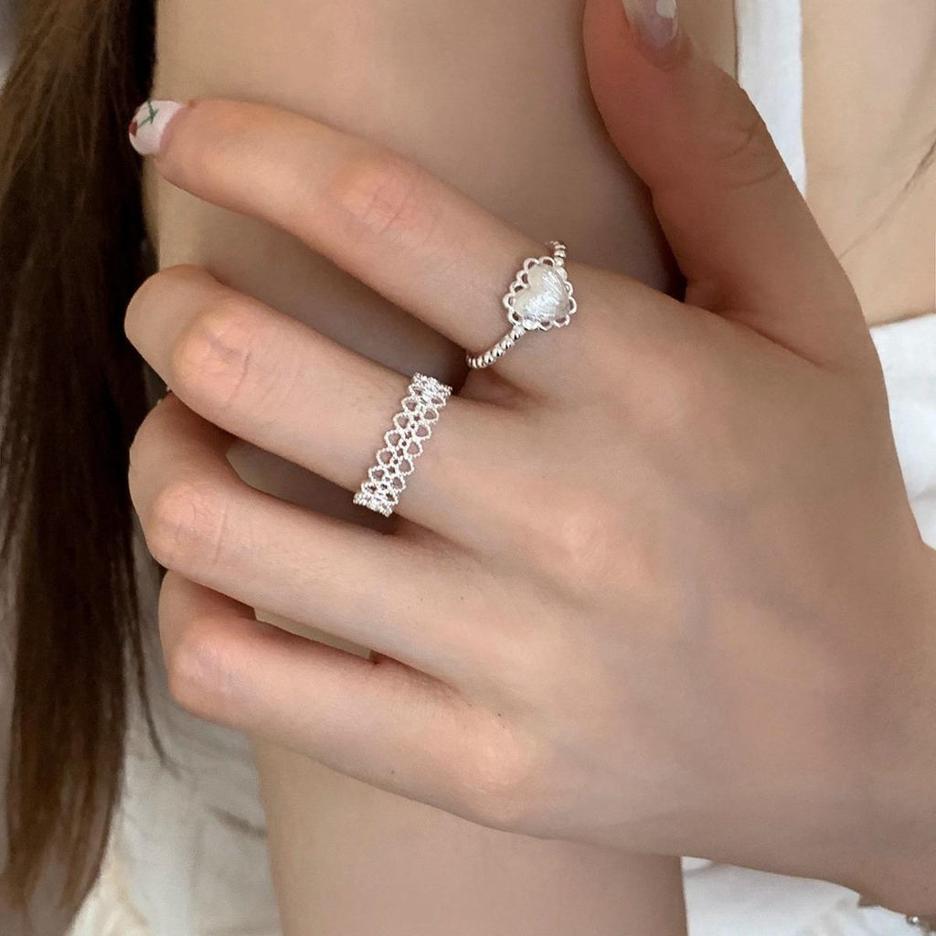 Lace Edge Pure Desire Heart Silver Ring Light Luxury Niche High-Grade Sense Index Finger Ring Temperament All-Match Adjustable Female
