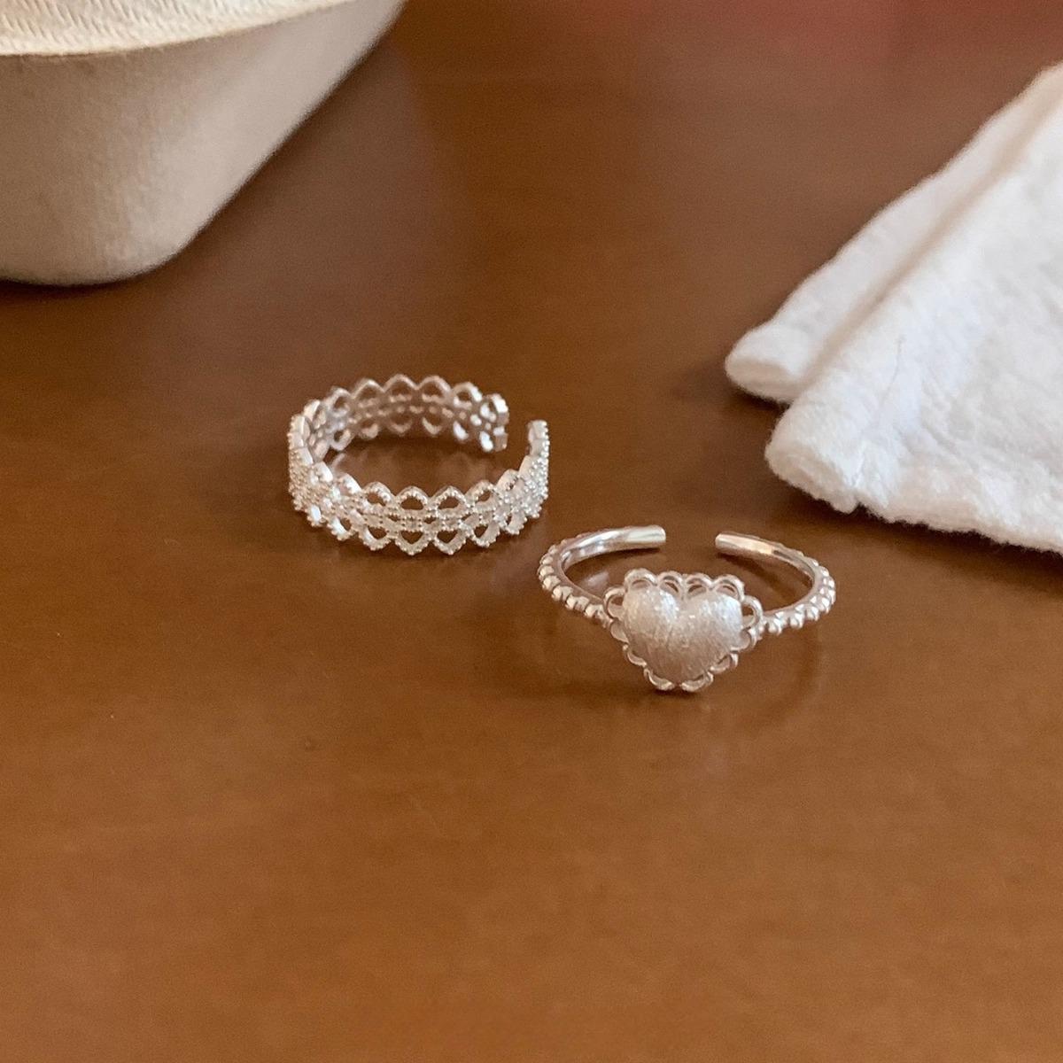 Lace Edge Pure Desire Heart Silver Ring Light Luxury Niche High-Grade Sense Index Finger Ring Temperament All-Match Adjustable Female
