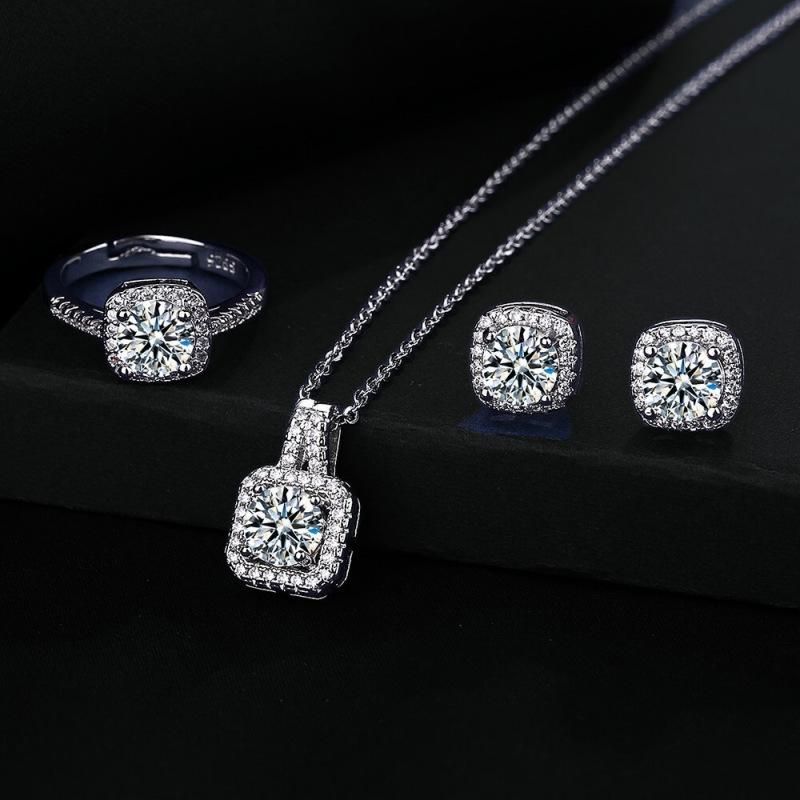 Cross-Border Hot Sale Square Bag Diamond Necklace Ring Female 1 Karat Ear Studs Ring Clavicle Chain TikTok Live Supply