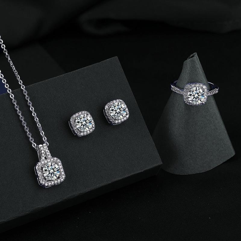 Cross-Border Hot Sale Square Bag Diamond Necklace Ring Female 1 Karat Ear Studs Ring Clavicle Chain TikTok Live Supply