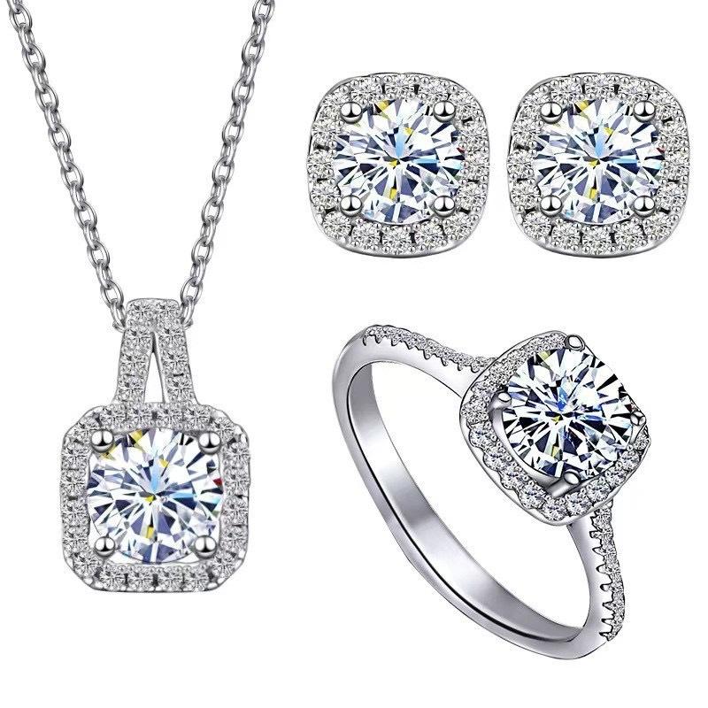 Cross-Border Hot Sale Square Bag Diamond Necklace Ring Female 1 Karat Ear Studs Ring Clavicle Chain TikTok Live Supply