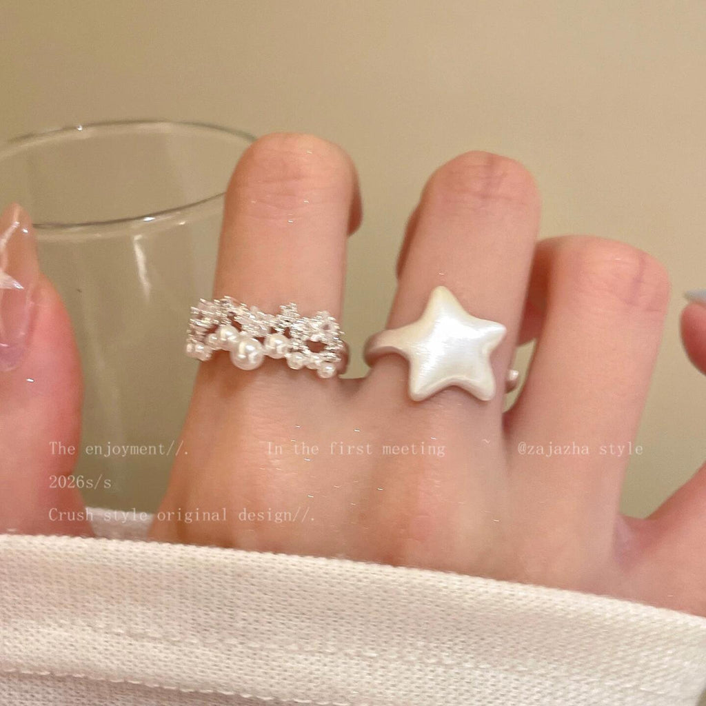 Milky White Star Ring ~ Star Lace Pearl Ring Female Stacked Wear Super Beautiful Index Finger Ring Niche Design Open Ring