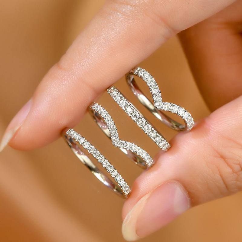 Tiktok Live Broadcast V-Shaped Simulation Moissanite Diamond Ring Stackable One-Word Row Diamond Ring Simple Open Mouth Tail Ring for Women