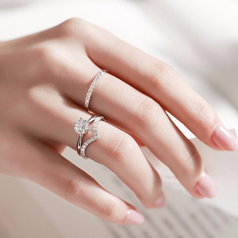 Tiktok Live Broadcast V-Shaped Simulation Moissanite Diamond Ring Stackable One-Word Row Diamond Ring Simple Open Mouth Tail Ring for Women