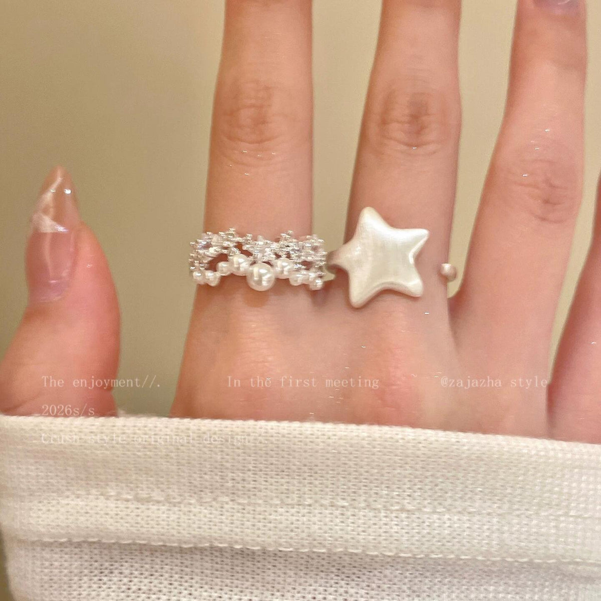 Milky White Star Ring ~ Star Lace Pearl Ring Female Stacked Wear Super Beautiful Index Finger Ring Niche Design Open Ring