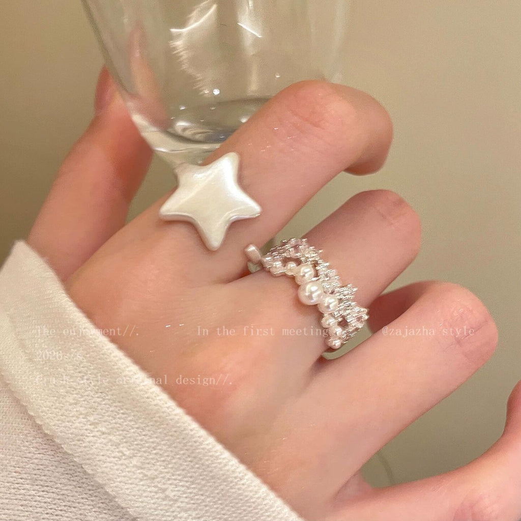 Milky White Star Ring ~ Star Lace Pearl Ring Female Stacked Wear Super Beautiful Index Finger Ring Niche Design Open Ring