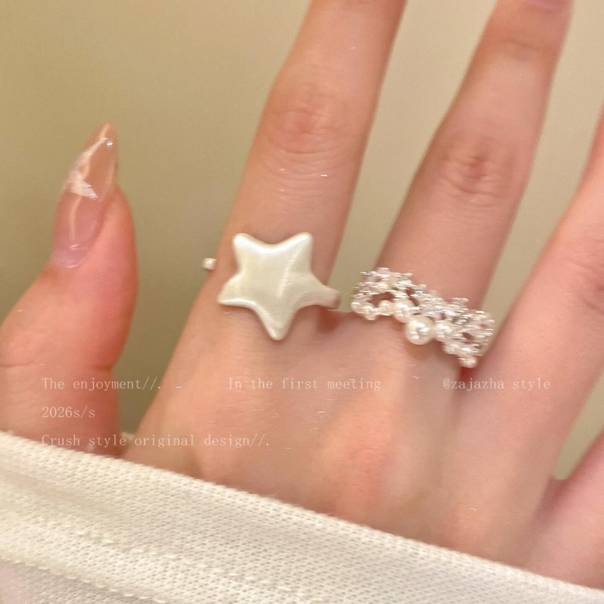 Milky White Star Ring ~ Star Lace Pearl Ring Female Stacked Wear Super Beautiful Index Finger Ring Niche Design Open Ring