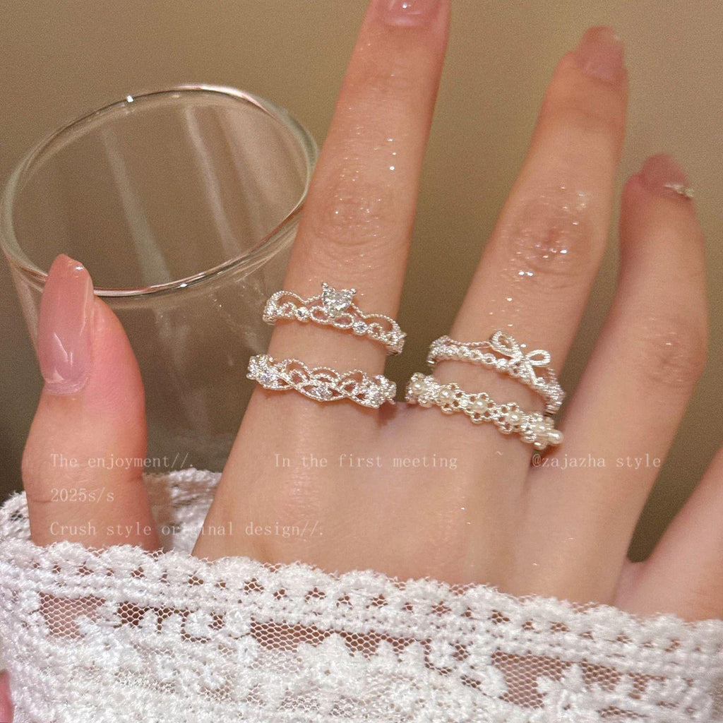 Korean Lace Pearl Ring Female Niche Design Light Luxury High-Grade Index Finger Ring Stacked Thick Fat Hand Large Ring