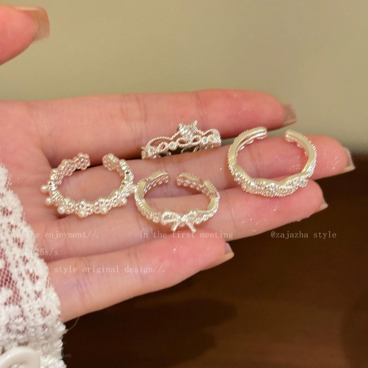 Korean Lace Pearl Ring Female Niche Design Light Luxury High-Grade Index Finger Ring Stacked Thick Fat Hand Large Ring