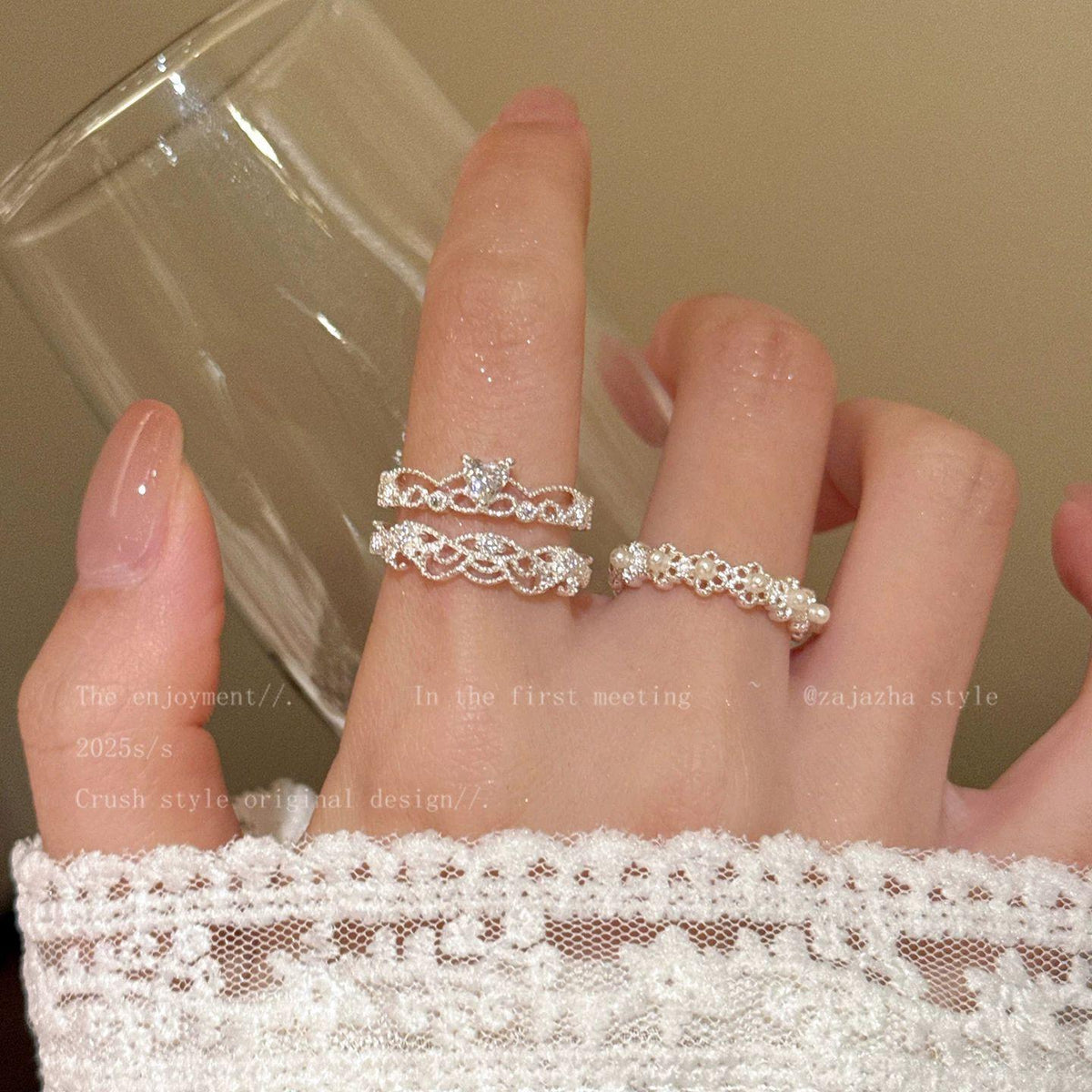 Korean Lace Pearl Ring Female Niche Design Light Luxury High-Grade Index Finger Ring Stacked Thick Fat Hand Large Ring