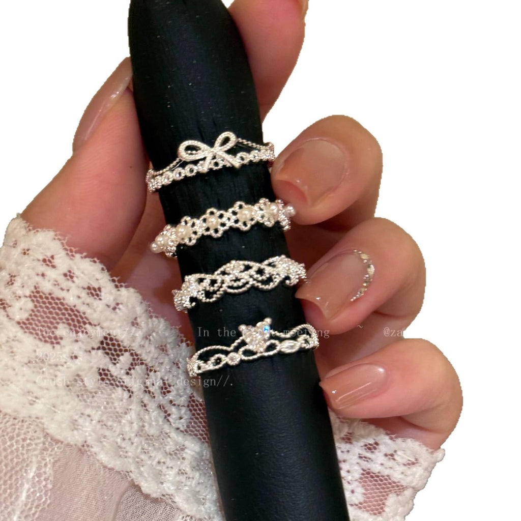 Korean Lace Pearl Ring Female Niche Design Light Luxury High-Grade Index Finger Ring Stacked Thick Fat Hand Large Ring
