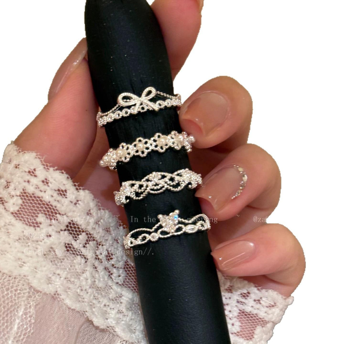 Korean Lace Pearl Ring Female Niche Design Light Luxury High-Grade Index Finger Ring Stacked Thick Fat Hand Large Ring