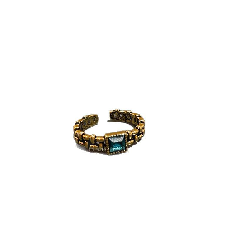Turquoise Heart-Shaped Iris Vintage Ring Women's Mid-Ancient Niche Light Luxury High-Grade Index Finger Ring Stacked Ring